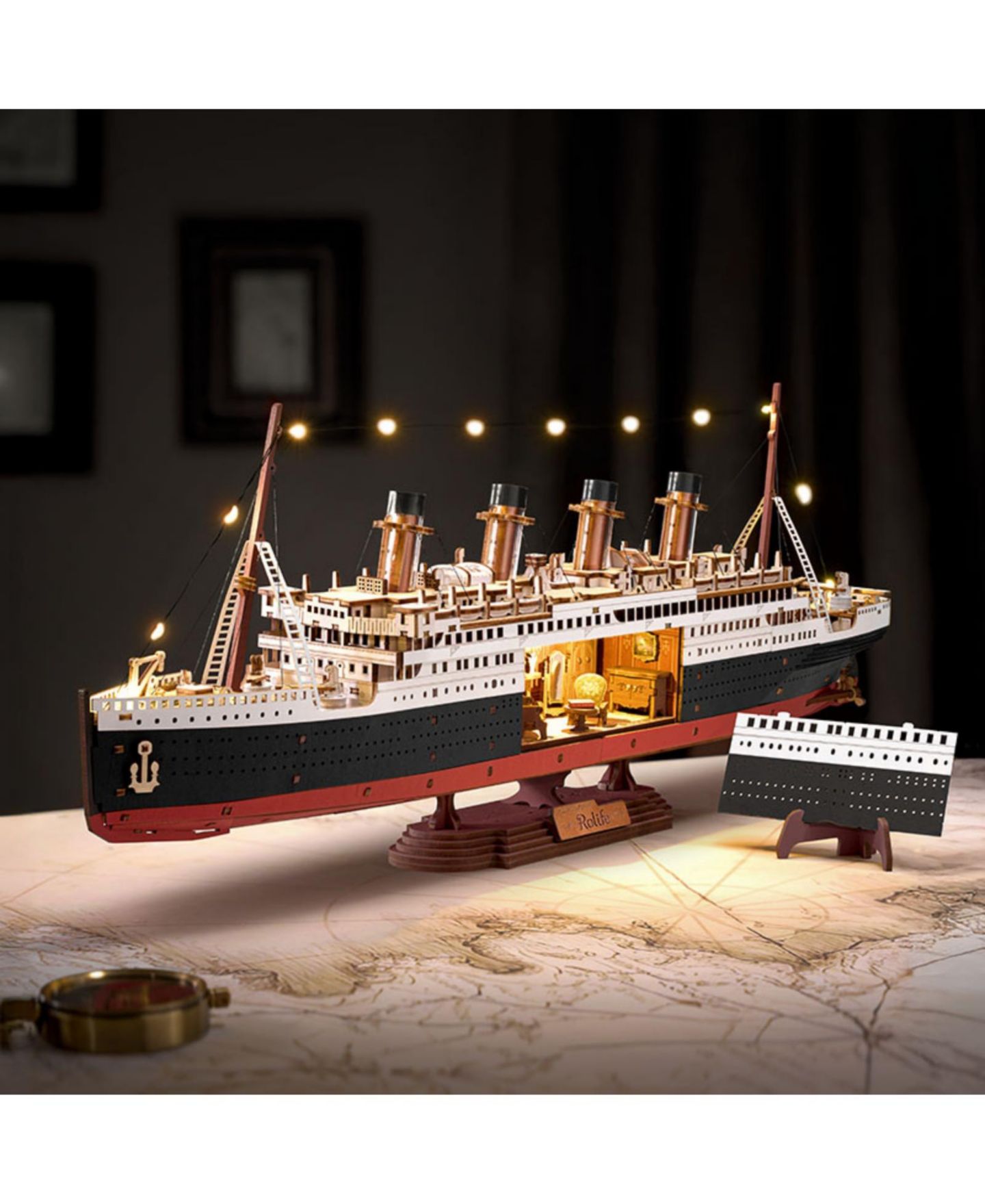 Детский конструктор Robotime Titanic 1912 Eternal Atlantic Voyager 3D Wooden Puzzle Building Set with LED Lights, 433-Piece, Ages 14+ — фото 1