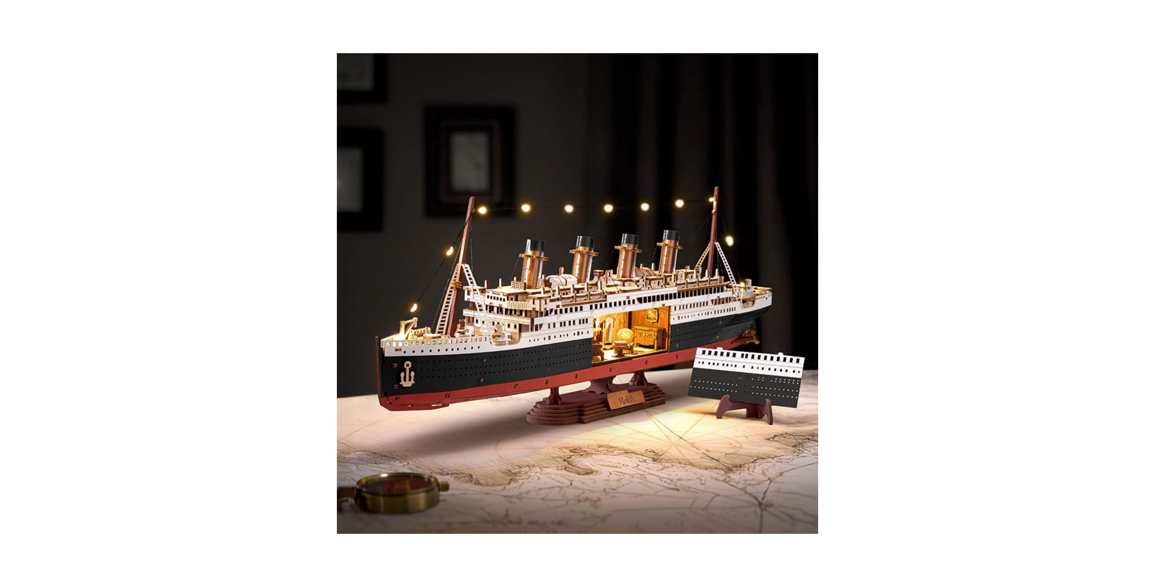 Robotime Titanic 1912 Eternal Atlantic Voyager 3D Wooden Puzzle Building Set with Led Lights, 433-Piece, Ages 14+
