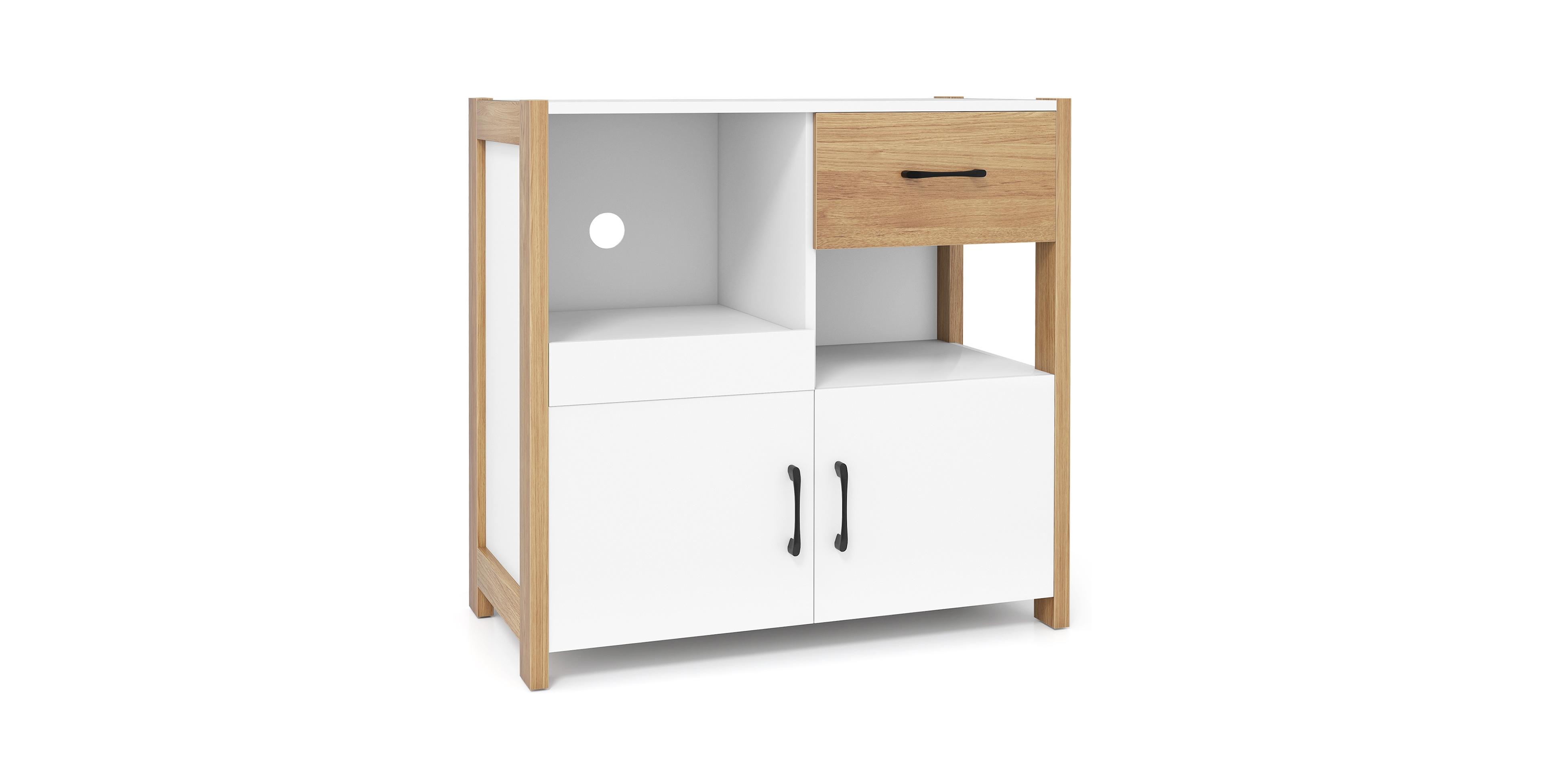 Mecale 32 Inch 2-Door Engineered Wood and Mdf Farmhouse Storage Cabinet with Drawer and Pull-Out Shelf