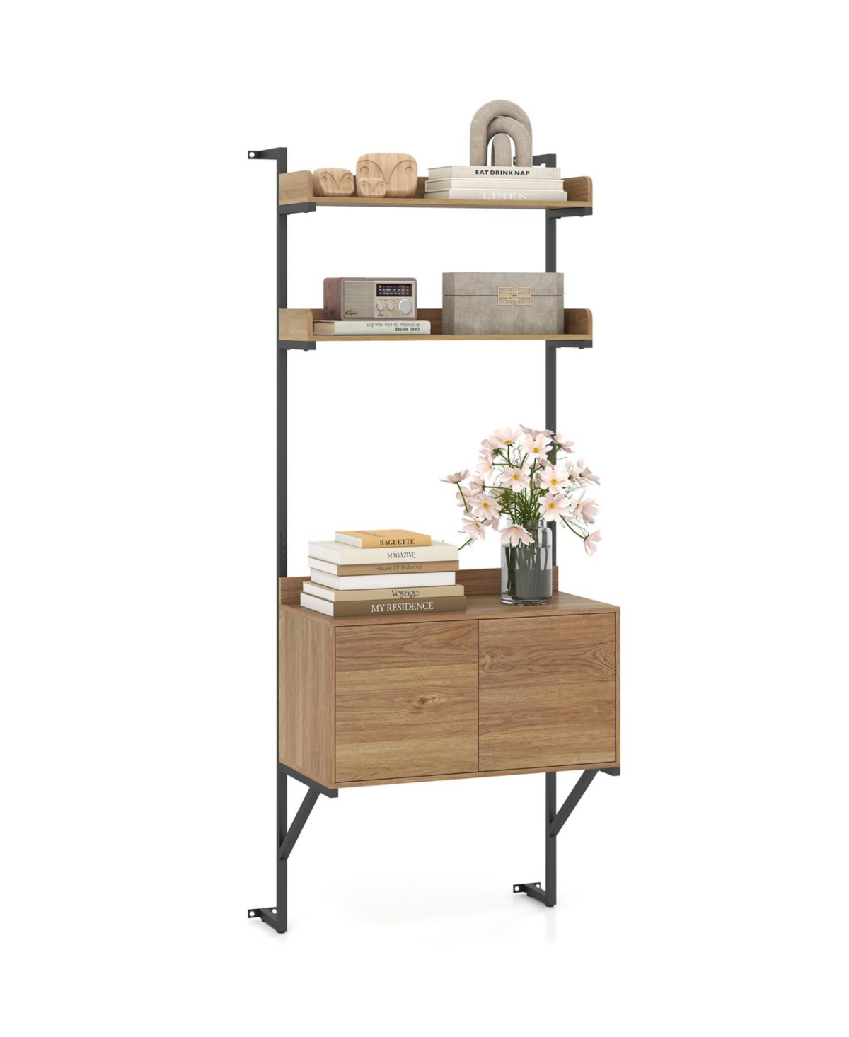 Mecale 71.5 Inch Engineered Wood and Metal Wall-Mounted Ladder Bookcase with Storage Cabinet - Natural