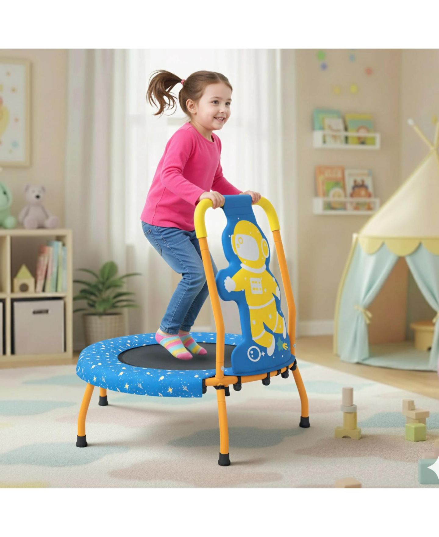 Детские игрушки Mecale 28" Mini Trampoline with Foam-Padded Handle and Elastic Bands, 176-lb Cap, Ages 3-6, цвет: Синий — фото 6