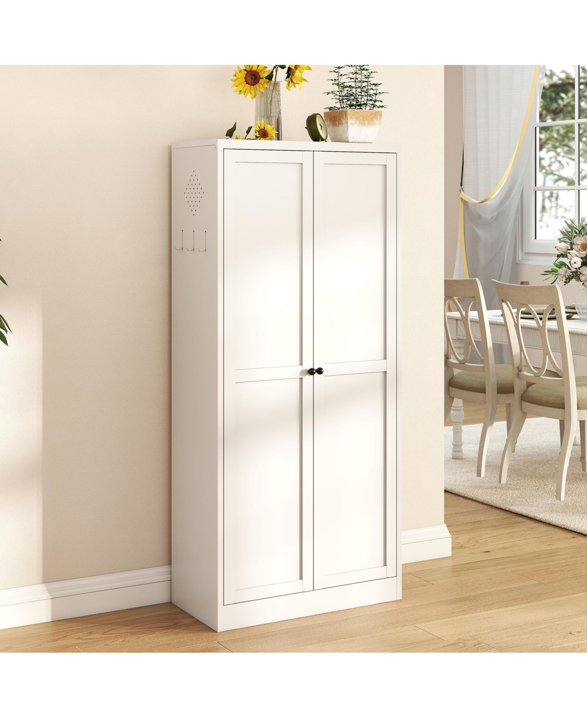 Viyet 61" Tall Metal Kitchen Pantry Cabinet, Hooks and 4 Adjustable Shelves, Freestanding