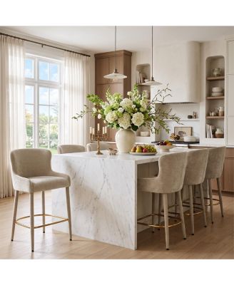 Maison Counter Height Set of 6 Chenille Upholstered Gold-Tone Footrest Wingback Bar Stools