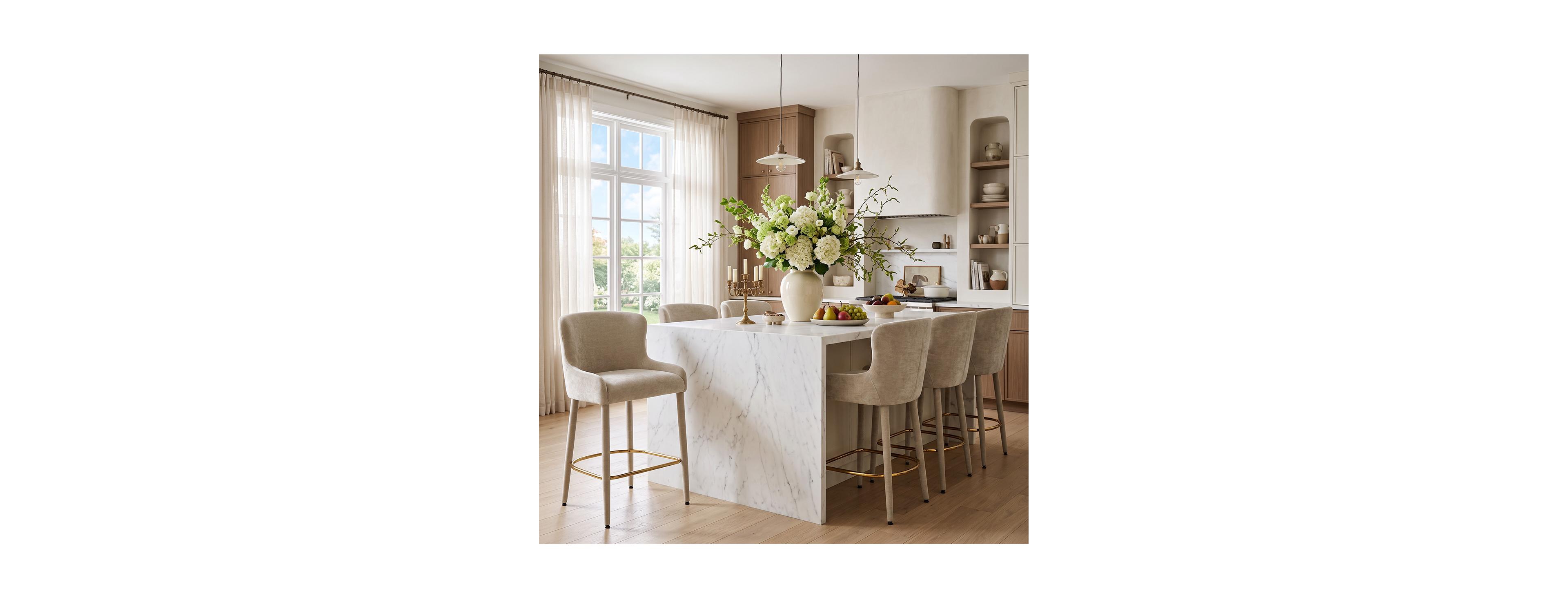 Maison Counter Height Set of 6 Chenille Upholstered Gold-Tone Footrest Wingback Bar Stools