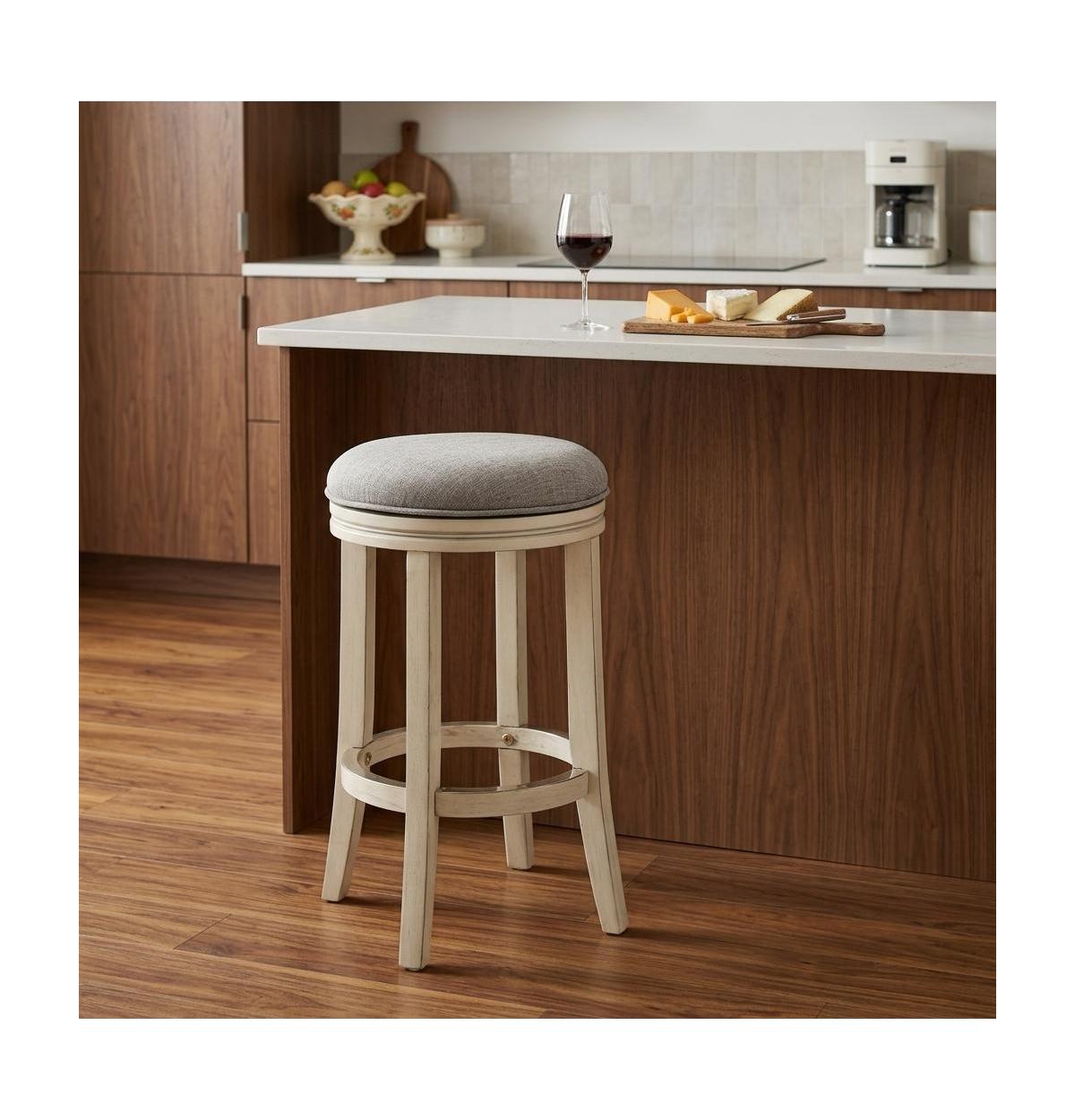 HomeRoots 25 Inch Fabric and Solid Wood Backless Counter Height Swivel Bar Chair