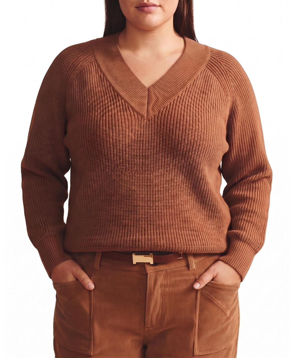 Universal Standard Plus Size Tori Chunky-Knit Relaxed V-Neck Sweater - Classic camel