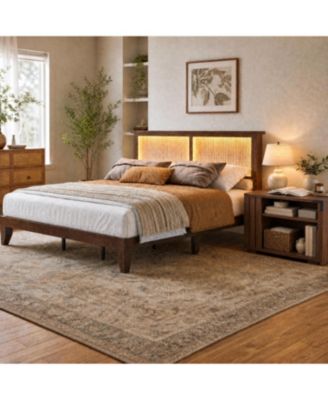 Boho Farmhouse Rattan Platform Bed Frame and Expandable Coffee Table Set, RGB LED Lights and Headboard Shelf, 2-Tier Storage, No Box Spring