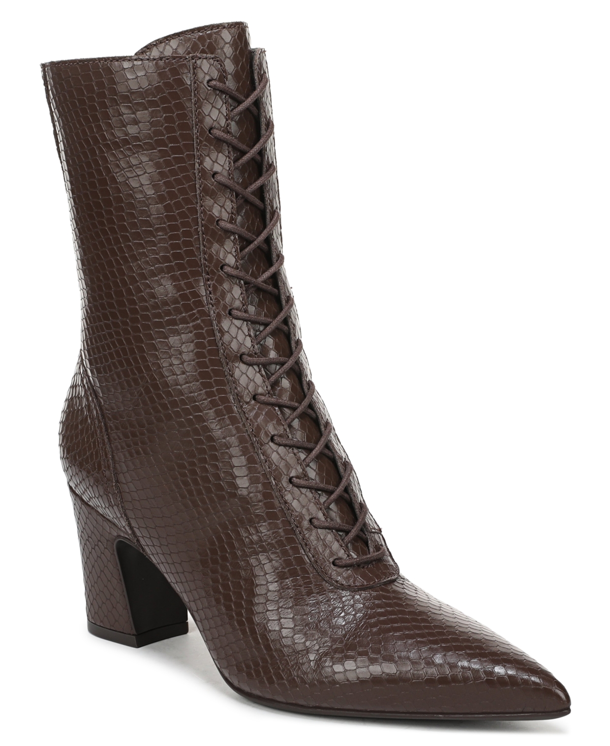 Naturalizer Eloy Dress Boots, Dark Brown Snake Print Leather, 12.0M Lace-Up Style, Pointed Toe, Block Heels
