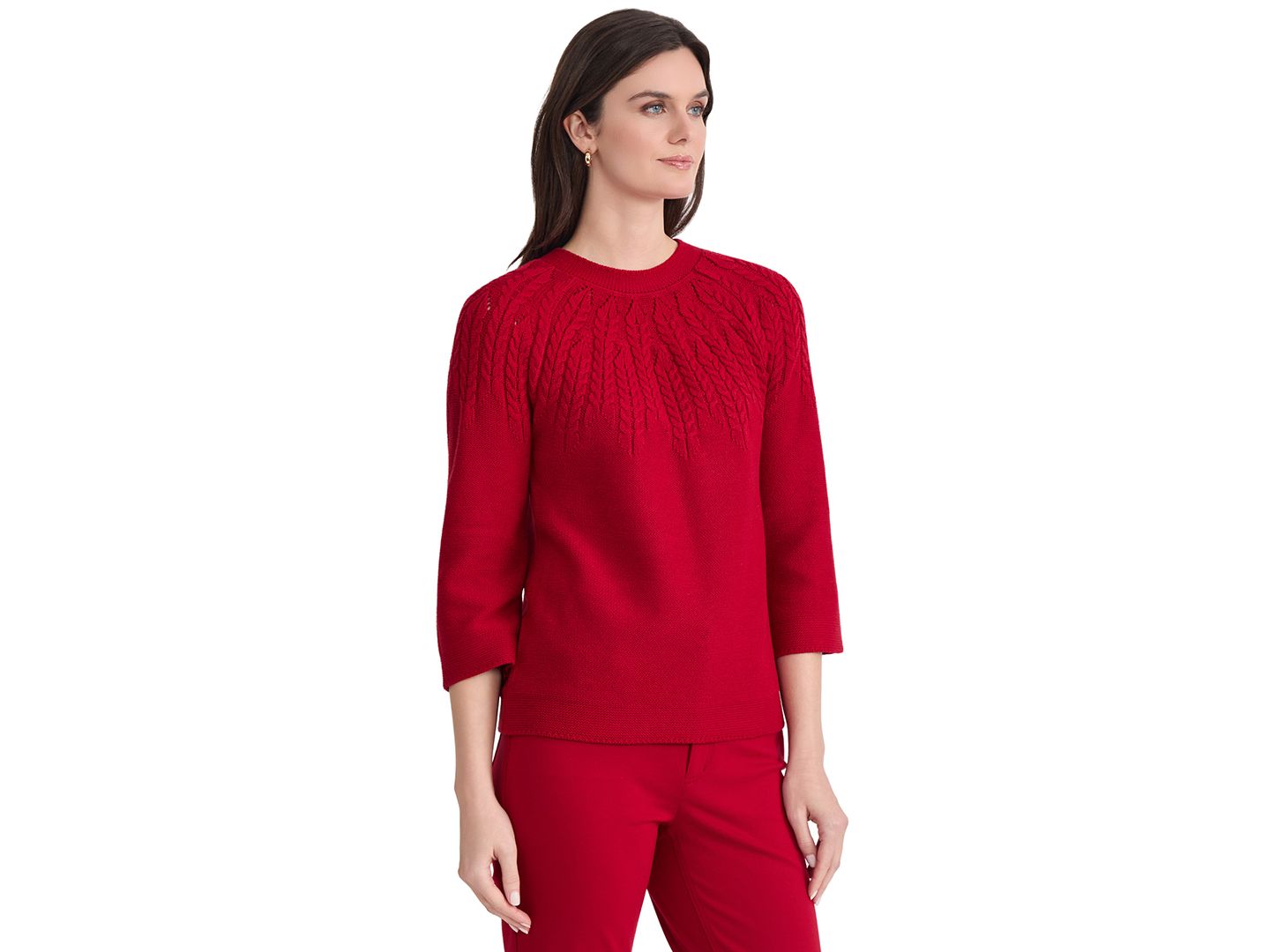 Женский свитер Jones New York Cable-Knit 3/4-Sleeve Raglan Crewneck Pullover, цвет: Красный — фото 2