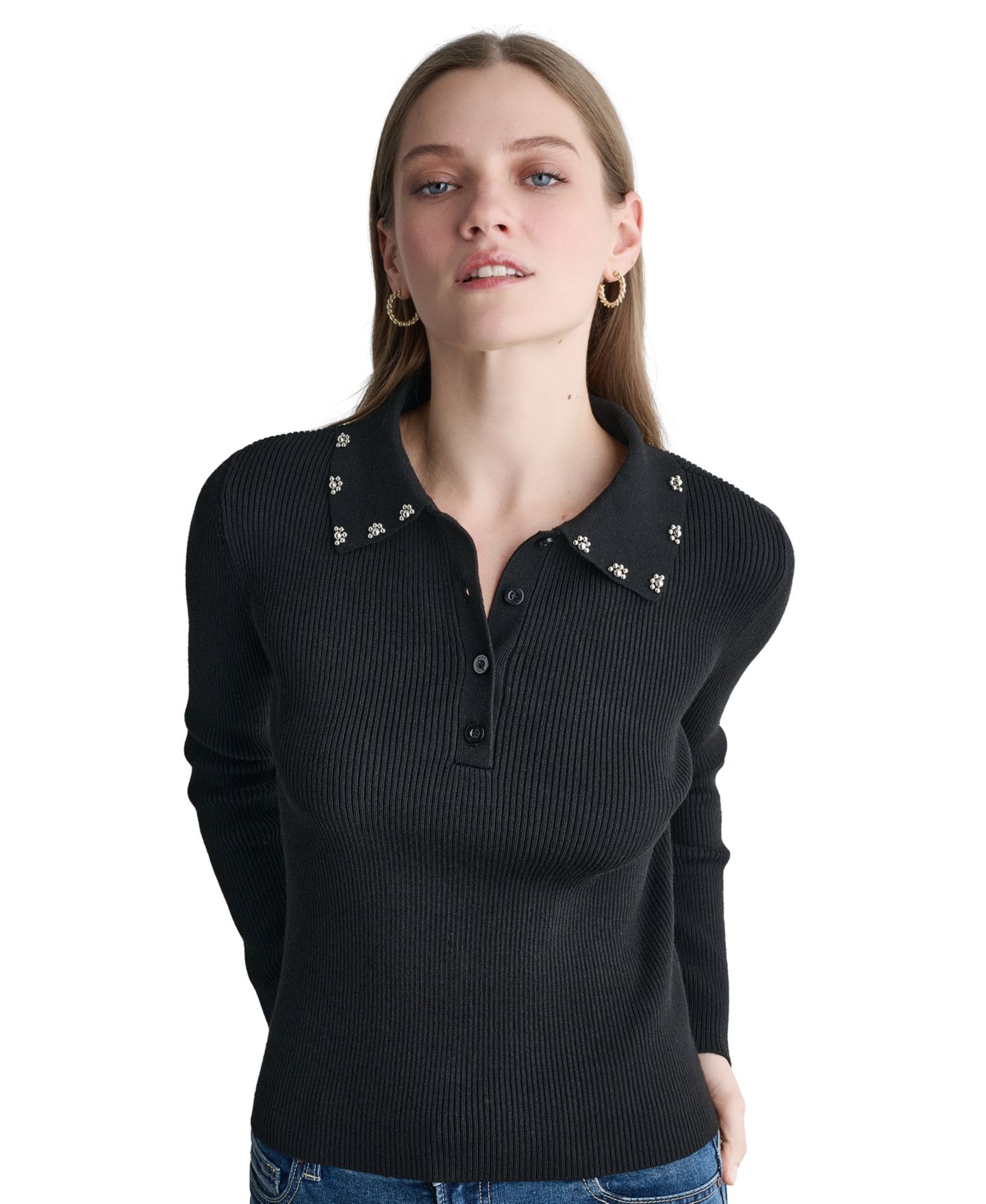 Женское поло BCBG Long-Sleeve Embellished Collar Polo, цвет: Чёрный — фото 1