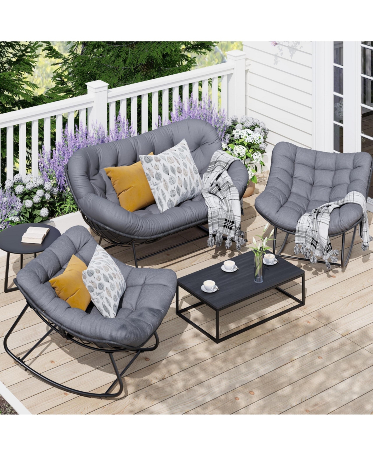 homfan Modern Rattan Rocking Chair Set of 3, Outdoor Wicker Rockers with Cushions for Porch Balcony Backyard - Oxford