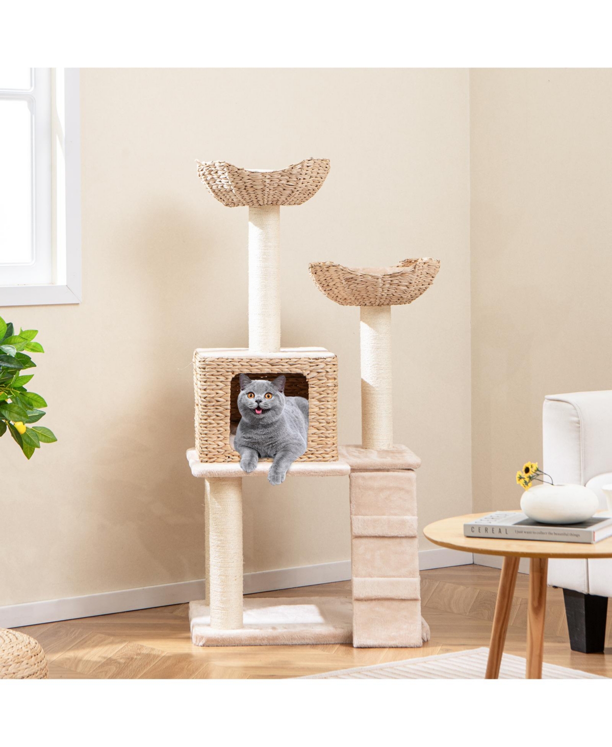 Zeny 48 Inch Cattail Cat Tower with Sisal Scratching Posts and Condo