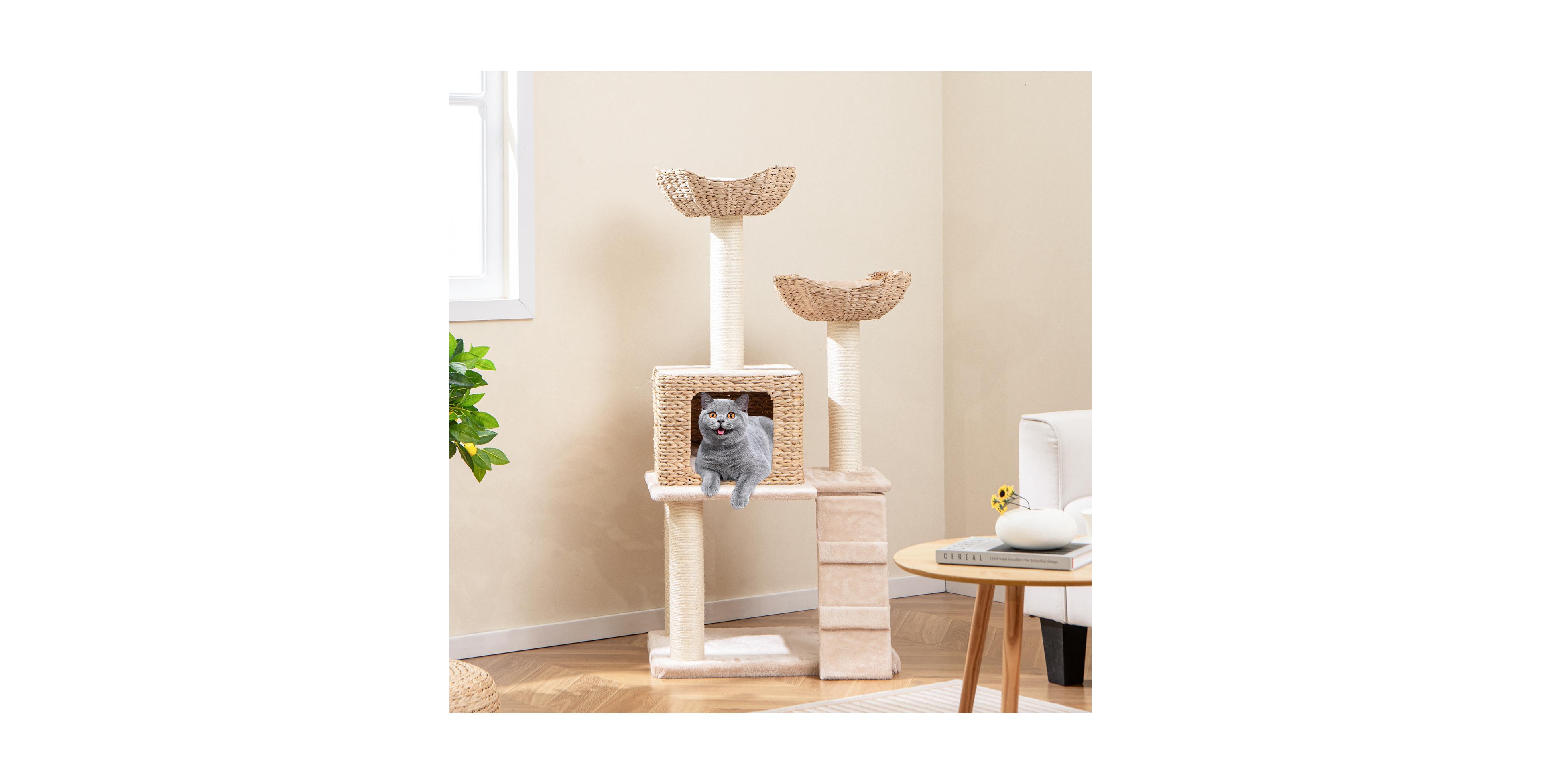 Zeny 48 Inch Cattail Cat Tower with Sisal Scratching Posts and Condo