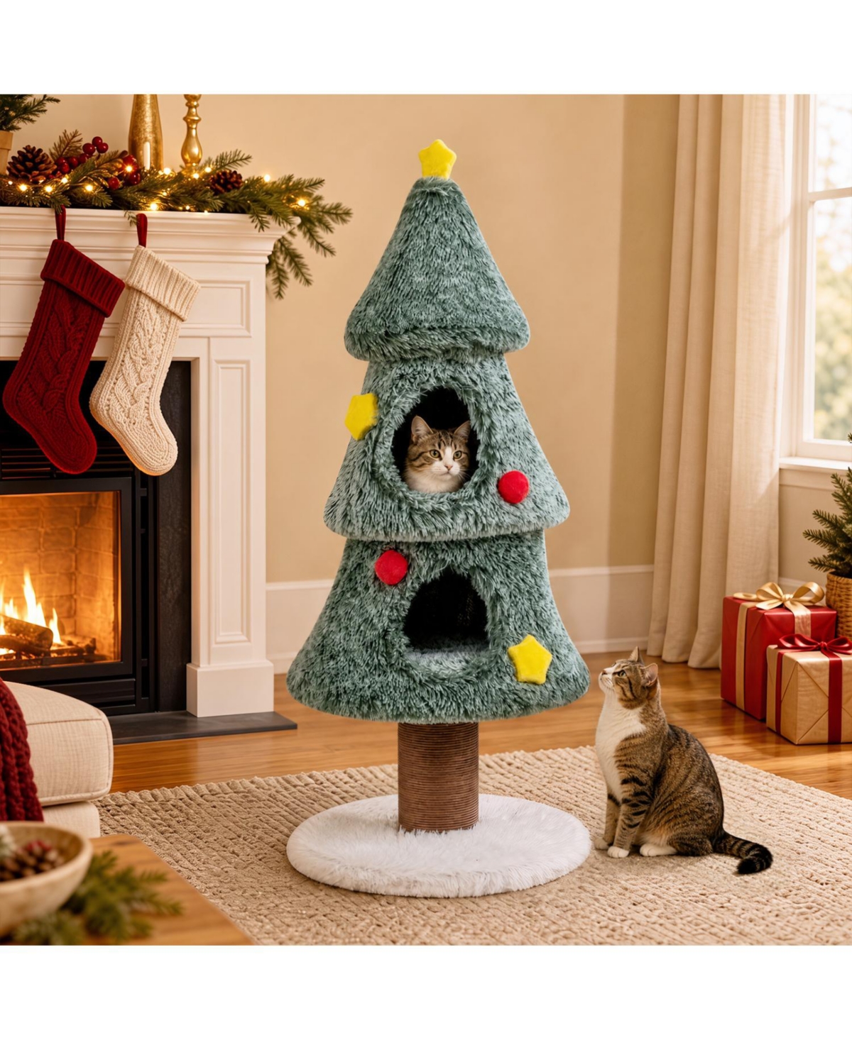 Zeny Christmas Cat Tree with 2 Condos and Decorative Stars