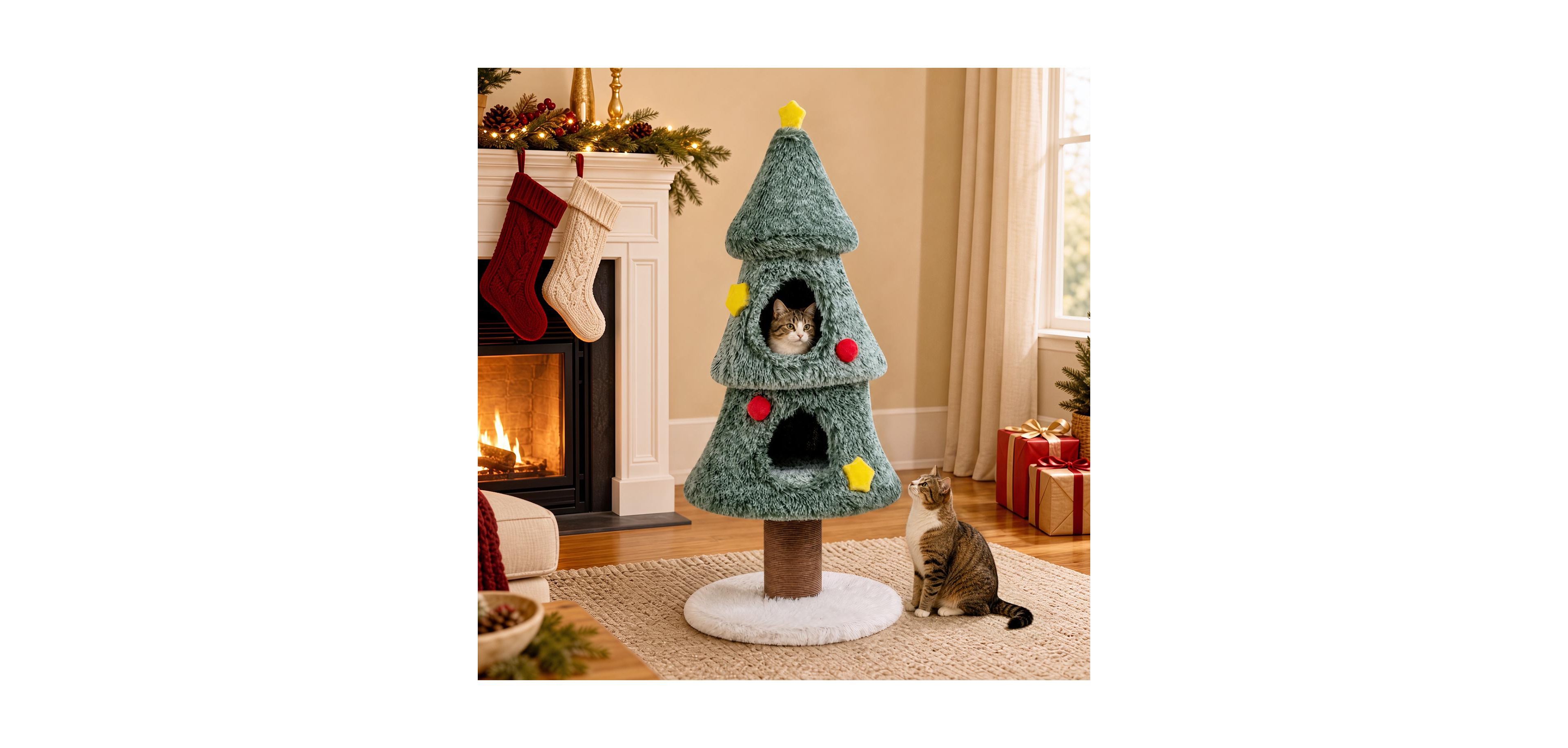 Zeny Christmas Cat Tree with 2 Condos and Decorative Stars