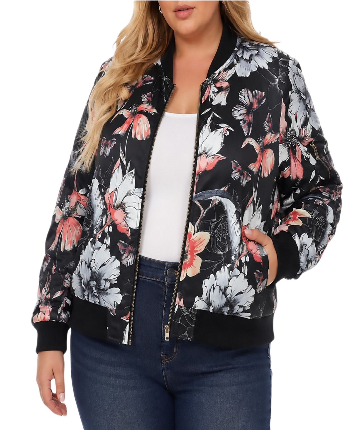 White Mark Plus Size Floral-Print Bomber Jacket - Black