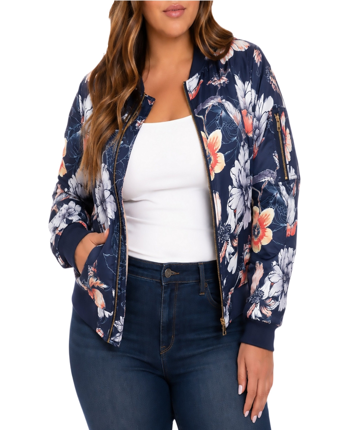 White Mark Plus Size Floral-Print Bomber Jacket - Navy