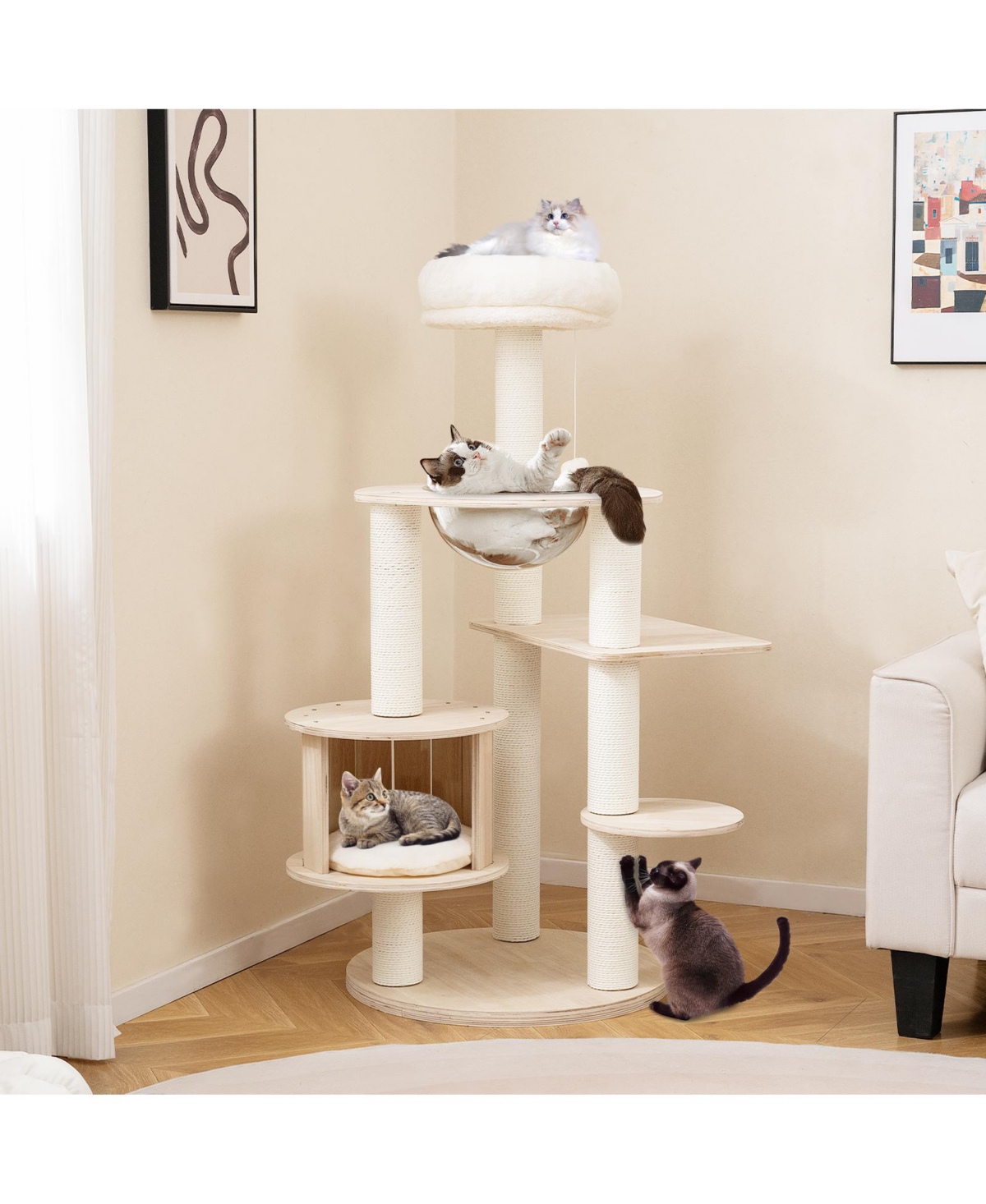 Zeny 52in Wooden Cat Tree with Washable Cushions and Multi-Level Stand