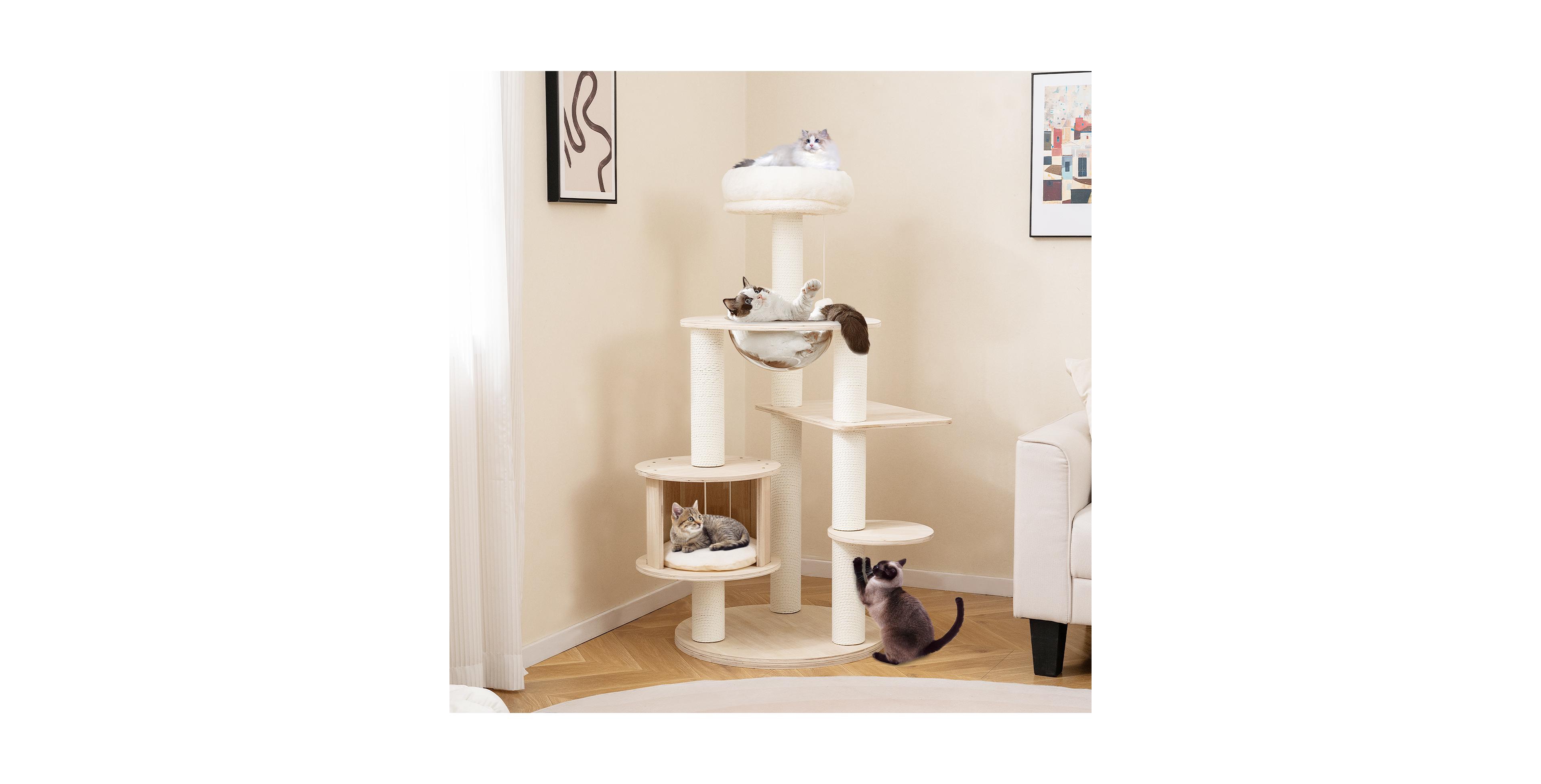 Zeny 52in Wooden Cat Tree with Washable Cushions and Multi-Level Stand