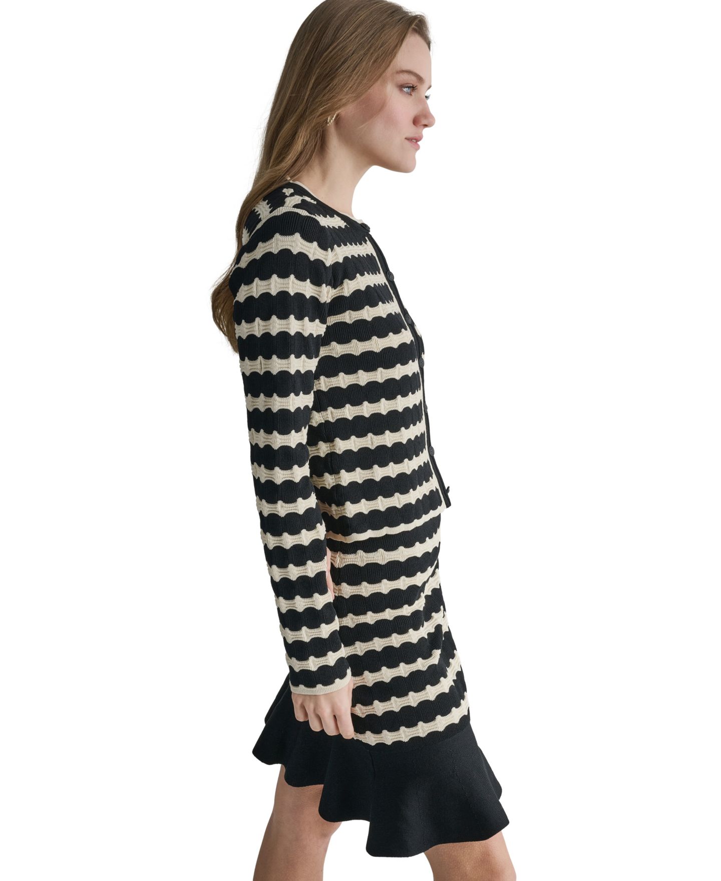Женский кардиган BCBG Striped Crew Neck Cardigan, цвет: Чёрный — фото 3