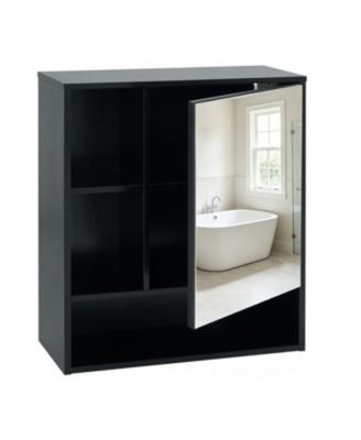 Wall-Mounted Mirror Cabinet with 2 Hidden Shelves and 3 Open Compartments