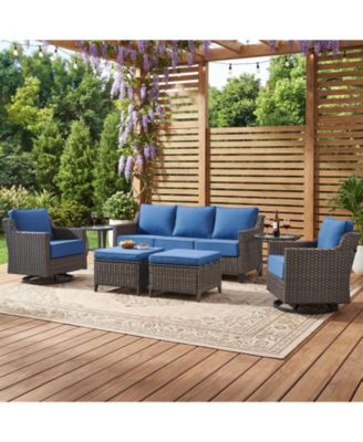 Horiz 7-Piece All-Weather Wicker Patio Set with 6" Olefin Cushions, Swivel Rocker Chairs, Sofa, Ottomans and Glass Side Table