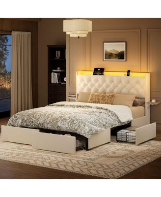 Upholstered Platform Bed with Tufted Headboard, Storage Drawers and Charging Station.