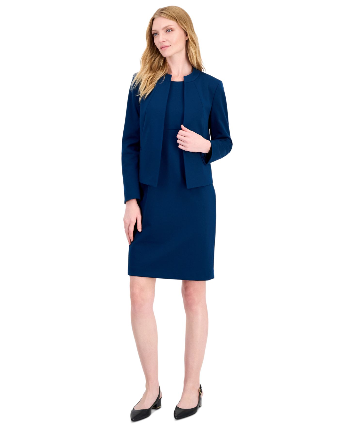 Женские платья Le Suit Petite Empire Waist Seam Crewneck Jacket and Dress, 2-Piece Suit, цвет: Dark Mallard — фото 1
