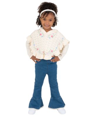 Girls' 4T-6X Floral-Print Pointelle-Knit Flare Denim Top and Pants, 2-Piece Set