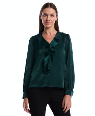 Petite Puff-Sleeve V-Neck Ruffle Blouse