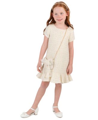Girls' 2T-6X Ivory Sequin Boucle Cap-Sleeve Dress and Purse, 2-Piece Set