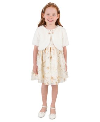 Girls' 2T-4T 3-D Flower Soutache Fit & Flare Faux Fur Bolero and Dress, 2-Piece Set