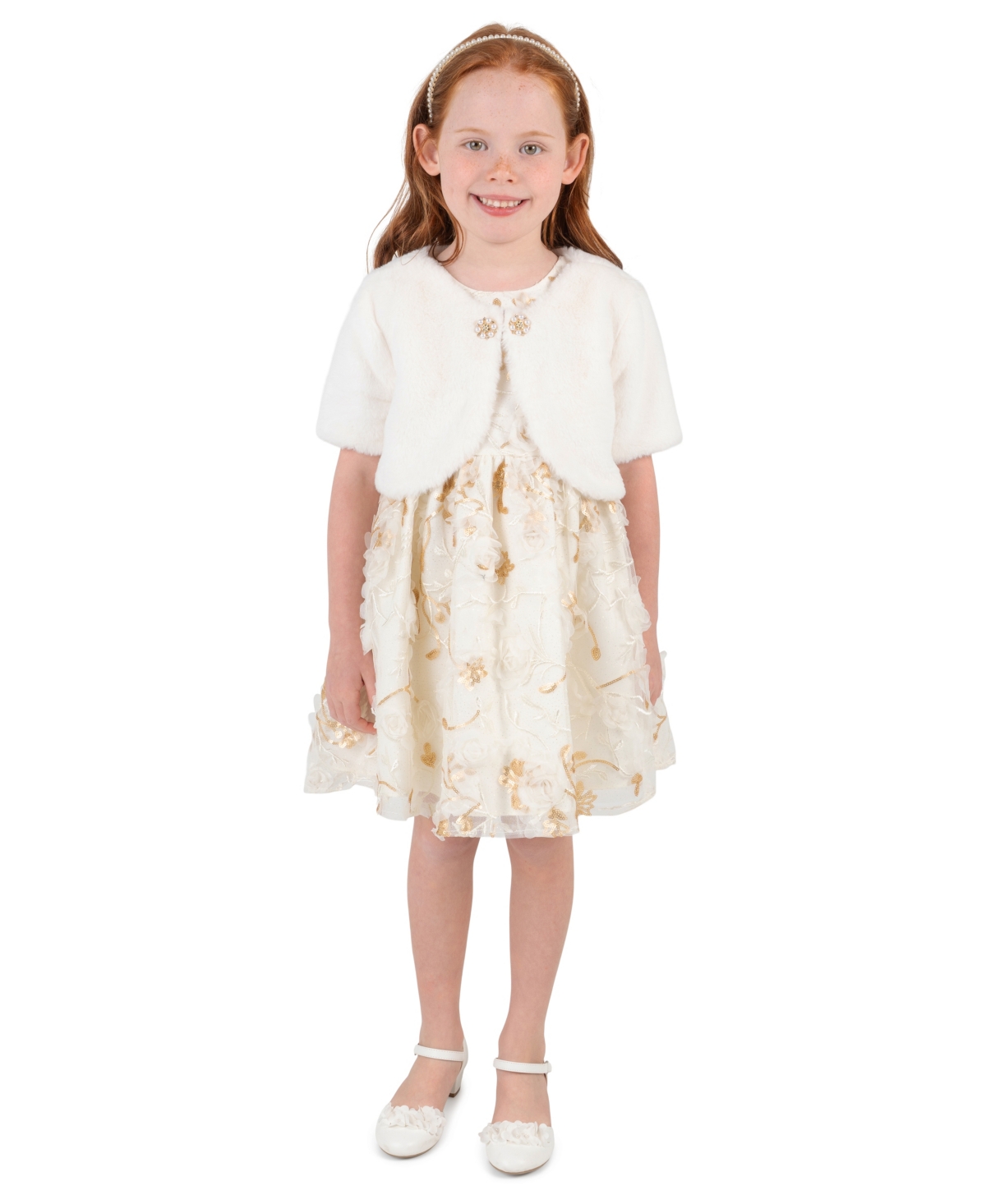 Rare Editions Girls' 2T-4T 3-d Flower Soutache Fit & Flare Faux Fur Bolero and Dress, 2-Piece Set