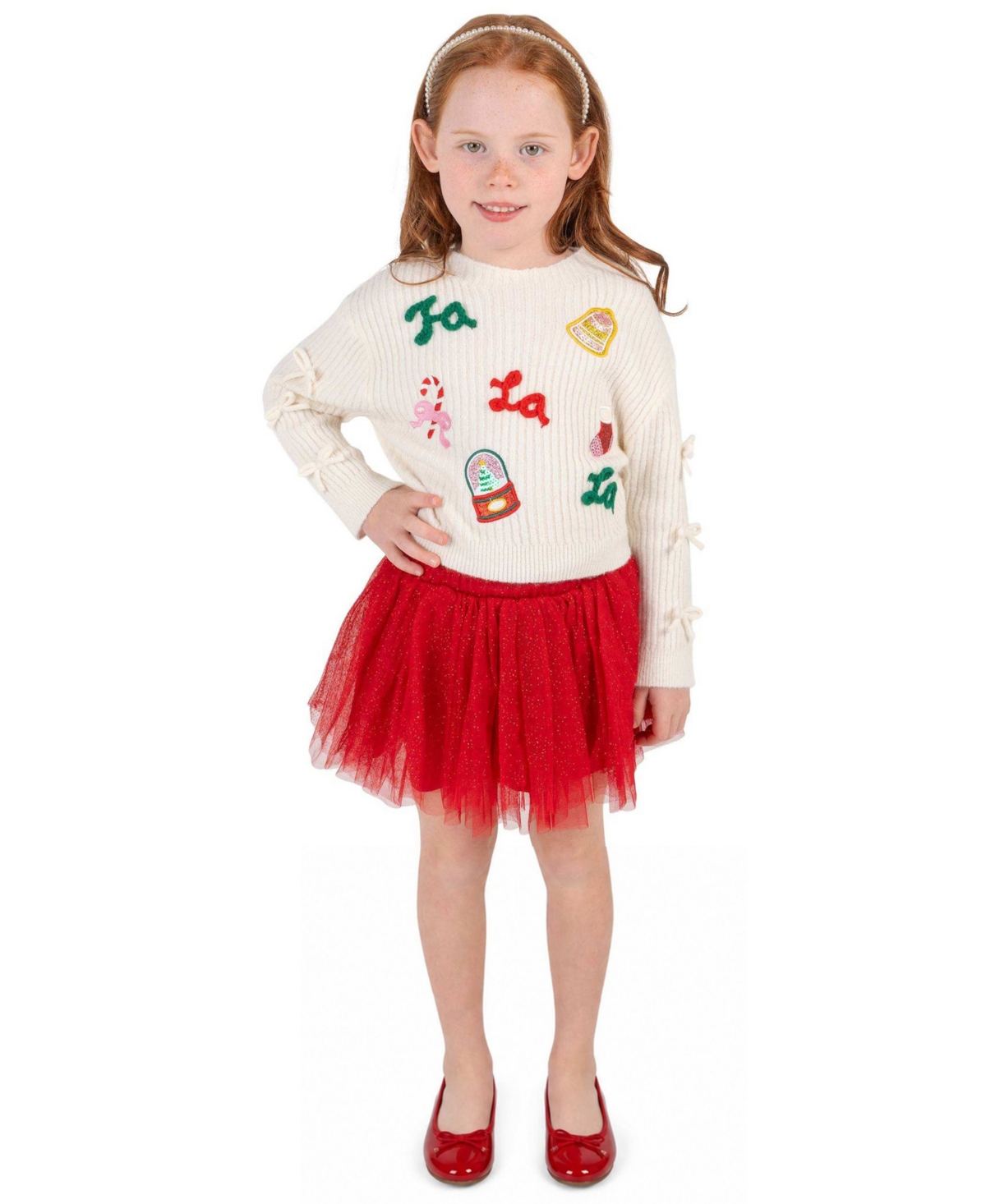 Rare Editions Girls' 2T-16 Fa La La Holiday Long-Sleeve Sweater and Skirt, 2-Piece Set - Red