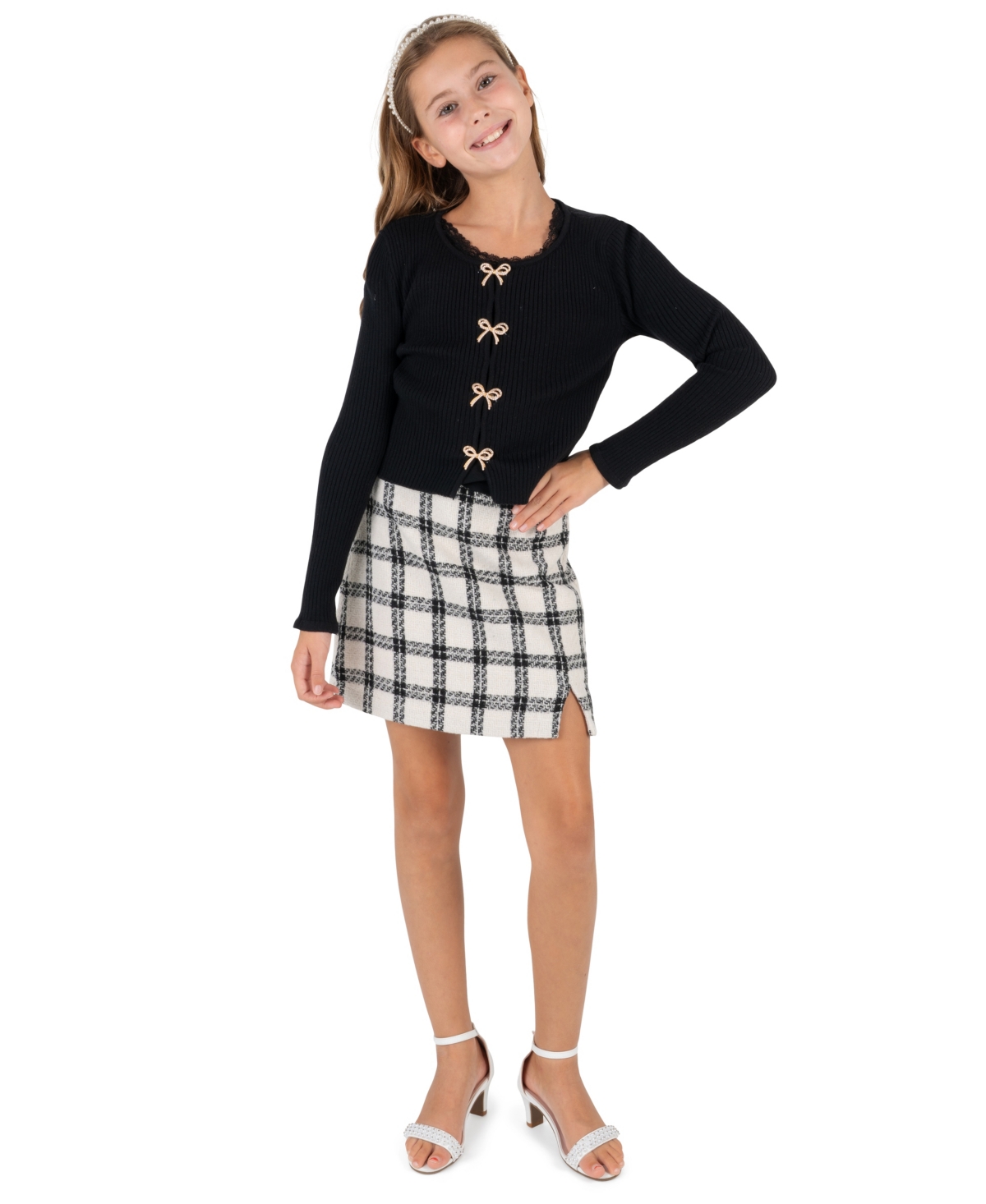 Rare Editions Girls' 4-16 Long-Sleeve Rib-Knit Center Bow Cardigan, Top and Skirt, 3-Piece Set