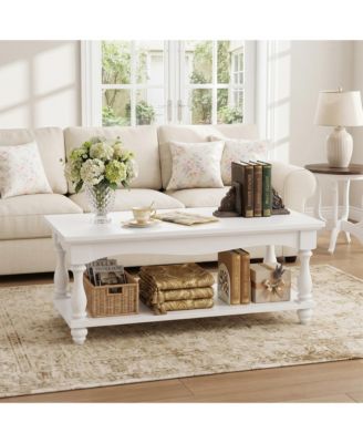 2-Tier Storage Farmhouse Coffee Table with Solid Wood Legs for Living Room