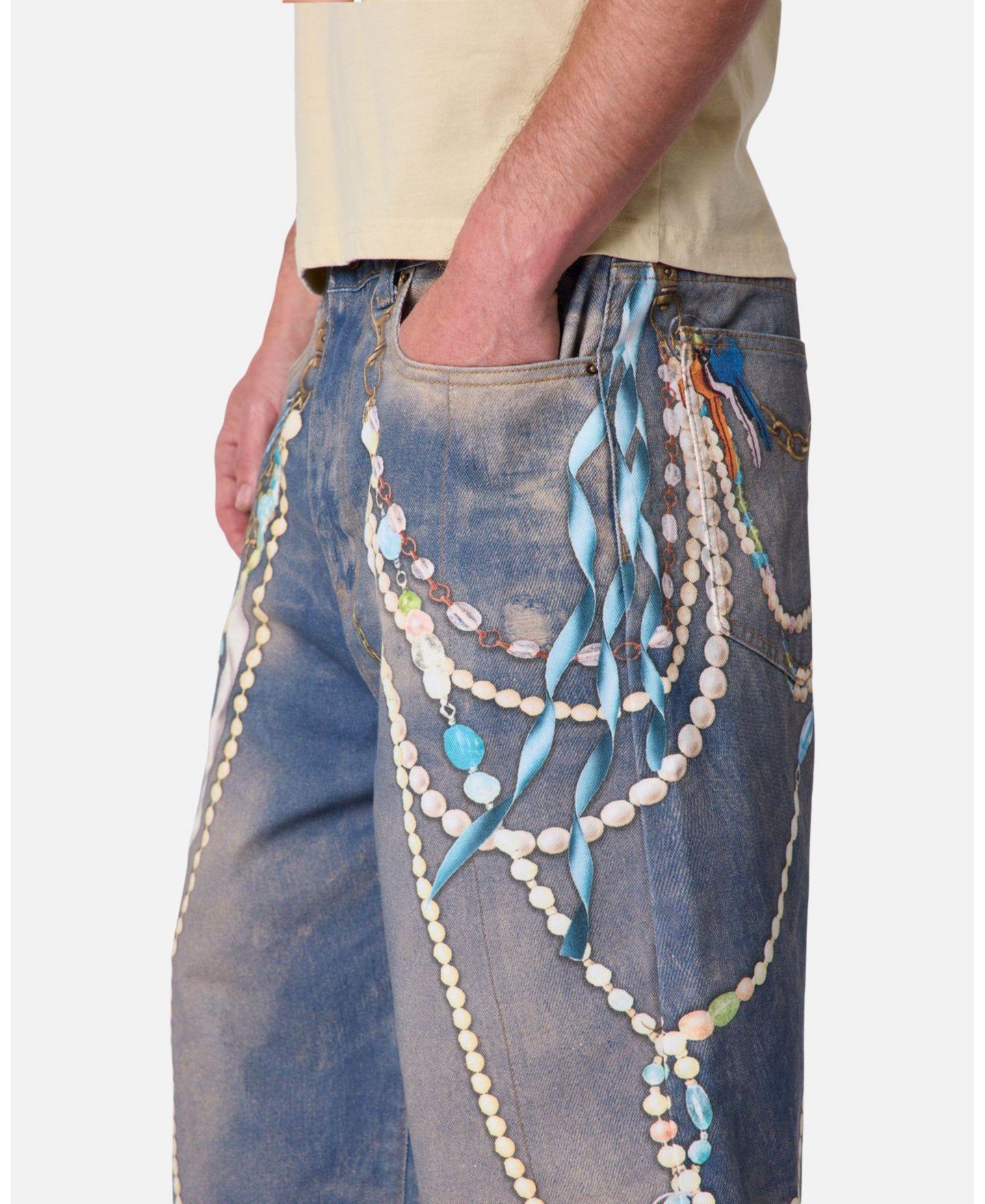 Мужские шорты mnml Chain Printed Baggy Denim, 14" Inseam, цвет: Средний синий — фото 7