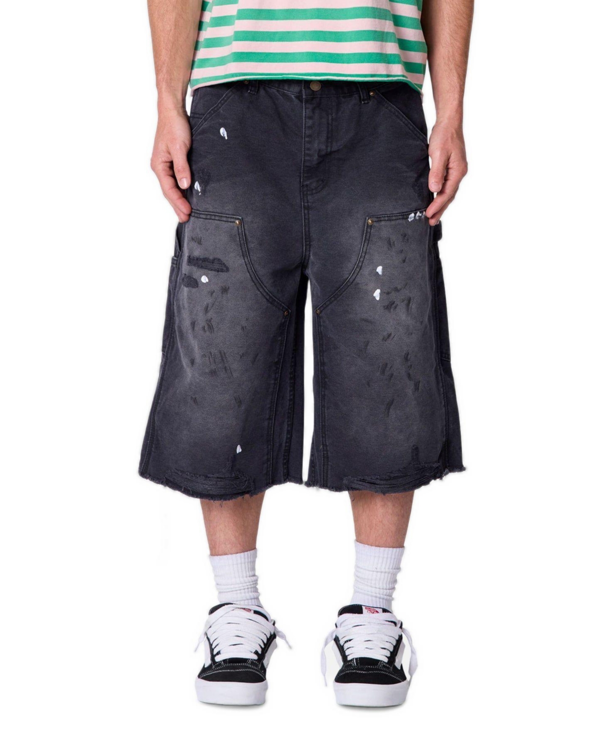 mnml Men's Ultra Baggy Carpenter Paint Splatter Denim Shorts, 9" Inseam