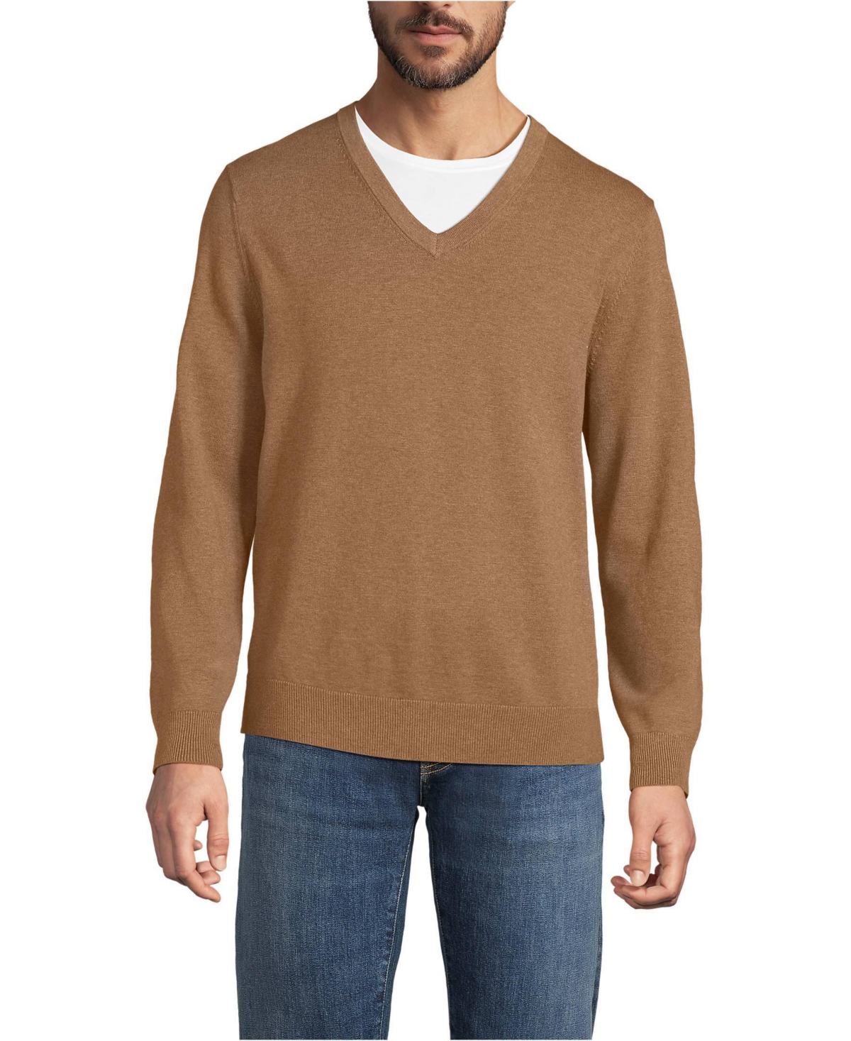 Lands' End Men's Fine Gauge Cotton V Neck Sweater - Soft camel brown heather