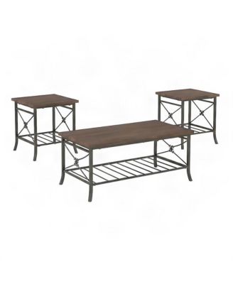 Metal Occasional Table with Plank-Style MDF Top and Slatted Shelf, Set of 3