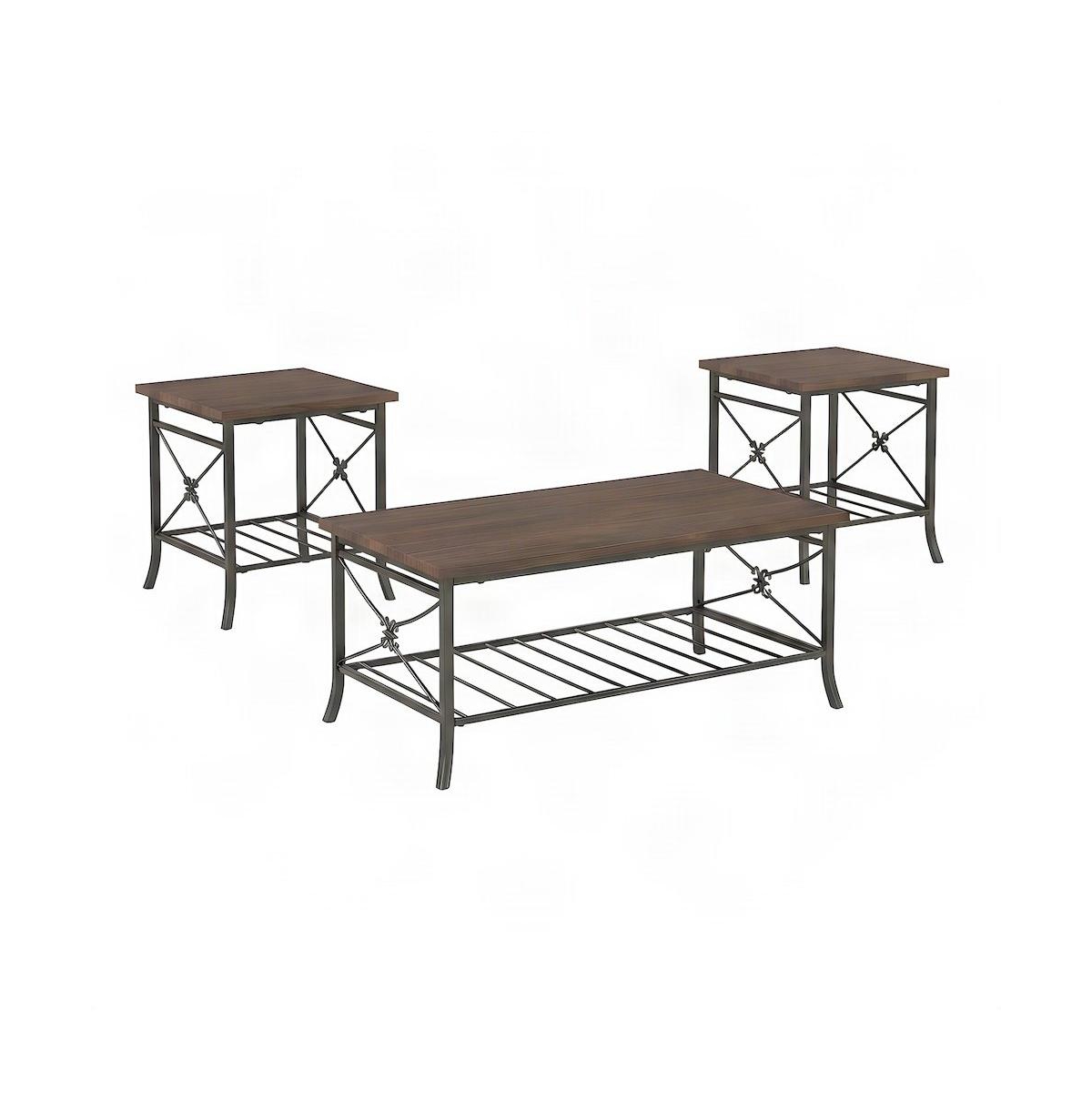 FurniFact Metal Occasional Table with Plank-Style Mdf Top and Slatted Shelf, Set of 3 - Brown