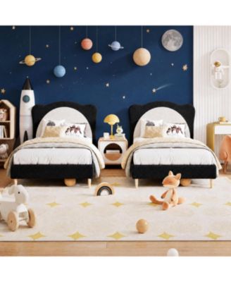 Set of 2 Bed Frame for Kids - Cute Velvet Princess Platform Bed with Upholstered Headboard for Girls/Boys, Wood Slats Support