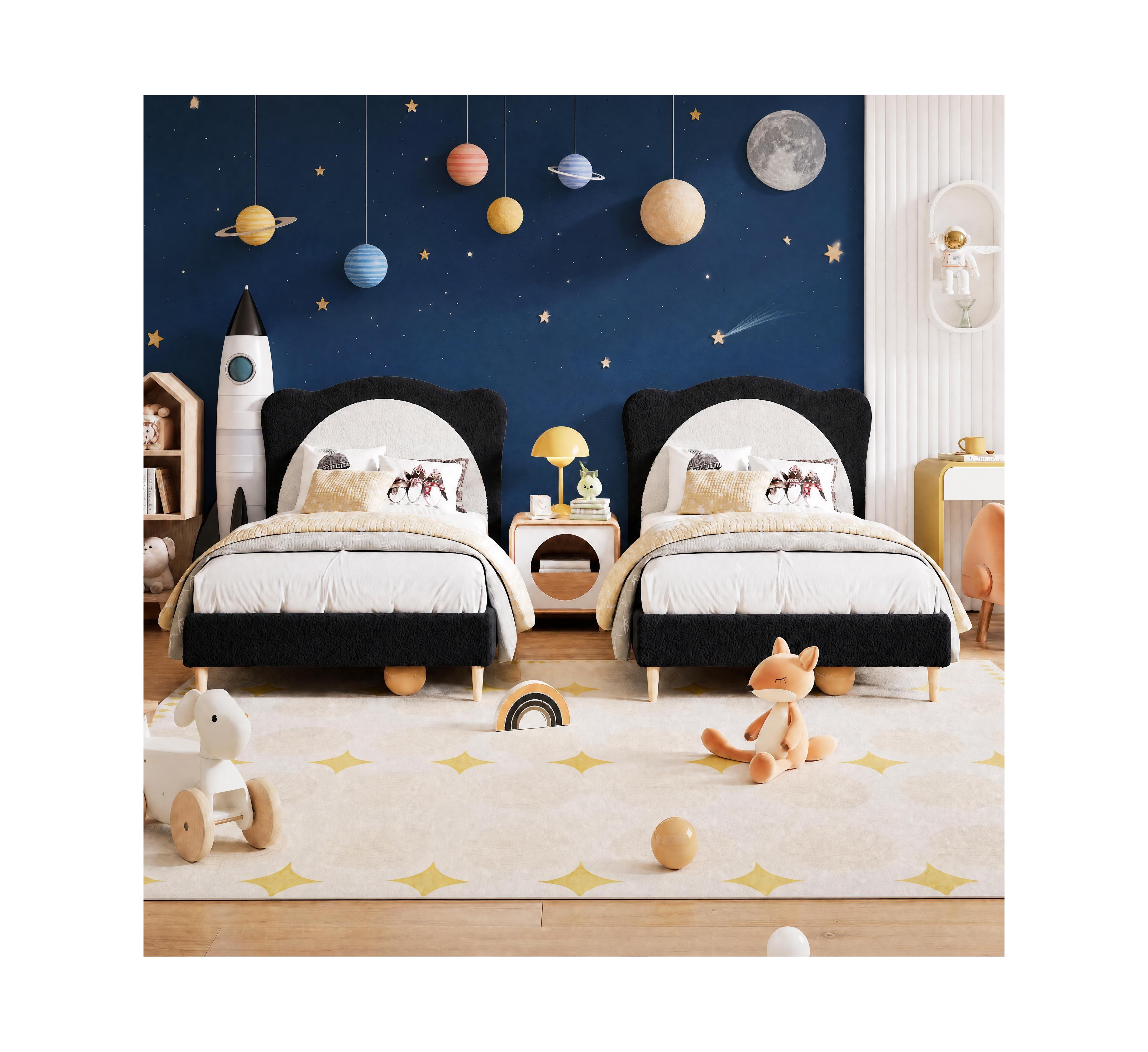 gaomon Set of 2 Bed Frame for Kids - Cute Velvet Princess Platform with Upholstered Headboard Girls/Boys, Wood Slats Support