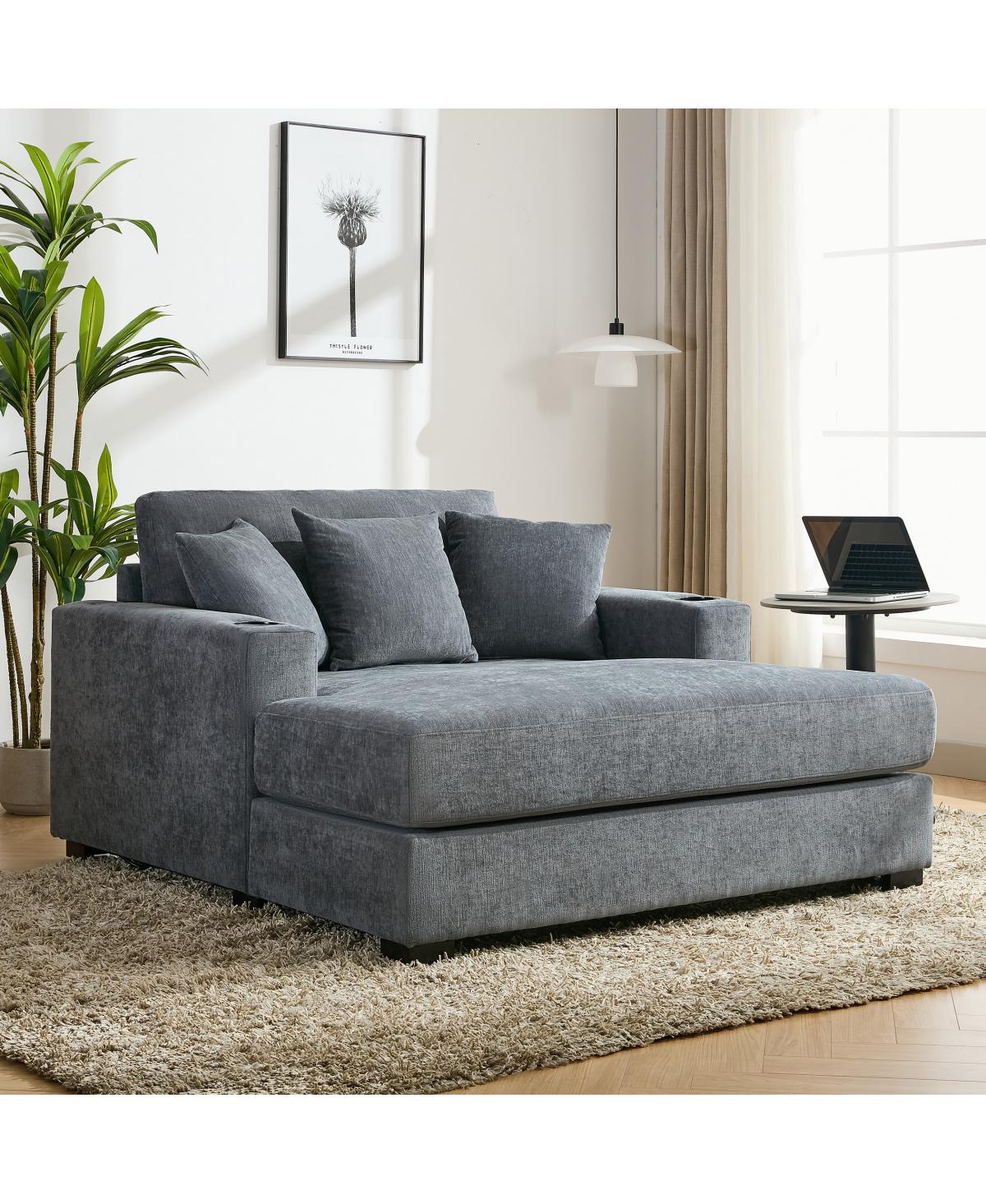 Streamdale Furniture 55" Oversized Chenille Chaise Lounger Sofa with Pillows and Cup Holders