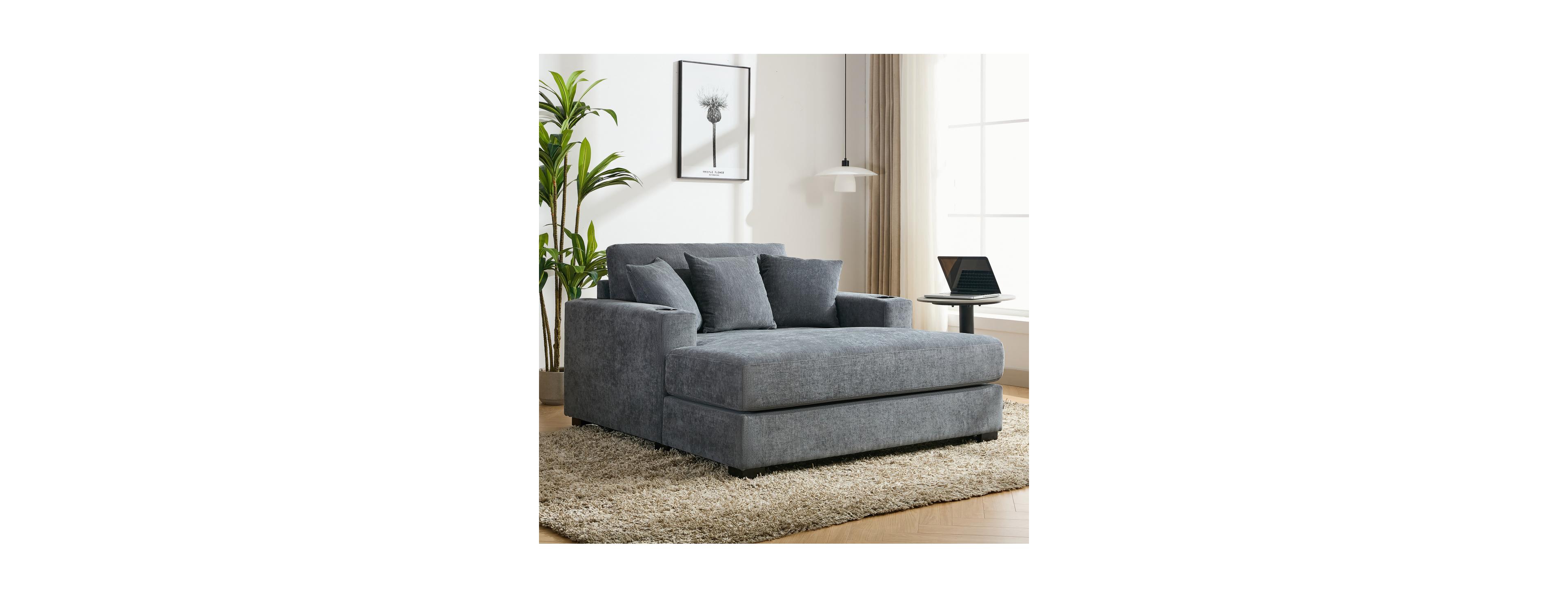Streamdale Furniture 55" Oversized Chenille Chaise Lounger Sofa with Pillows and Cup Holders