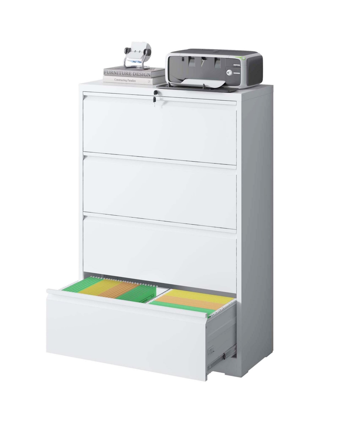 Rainsken Heavy Duty Metal Filing Cabinet, 4 Drawer Lateral File Cabinet with Lock for Home Office - White
