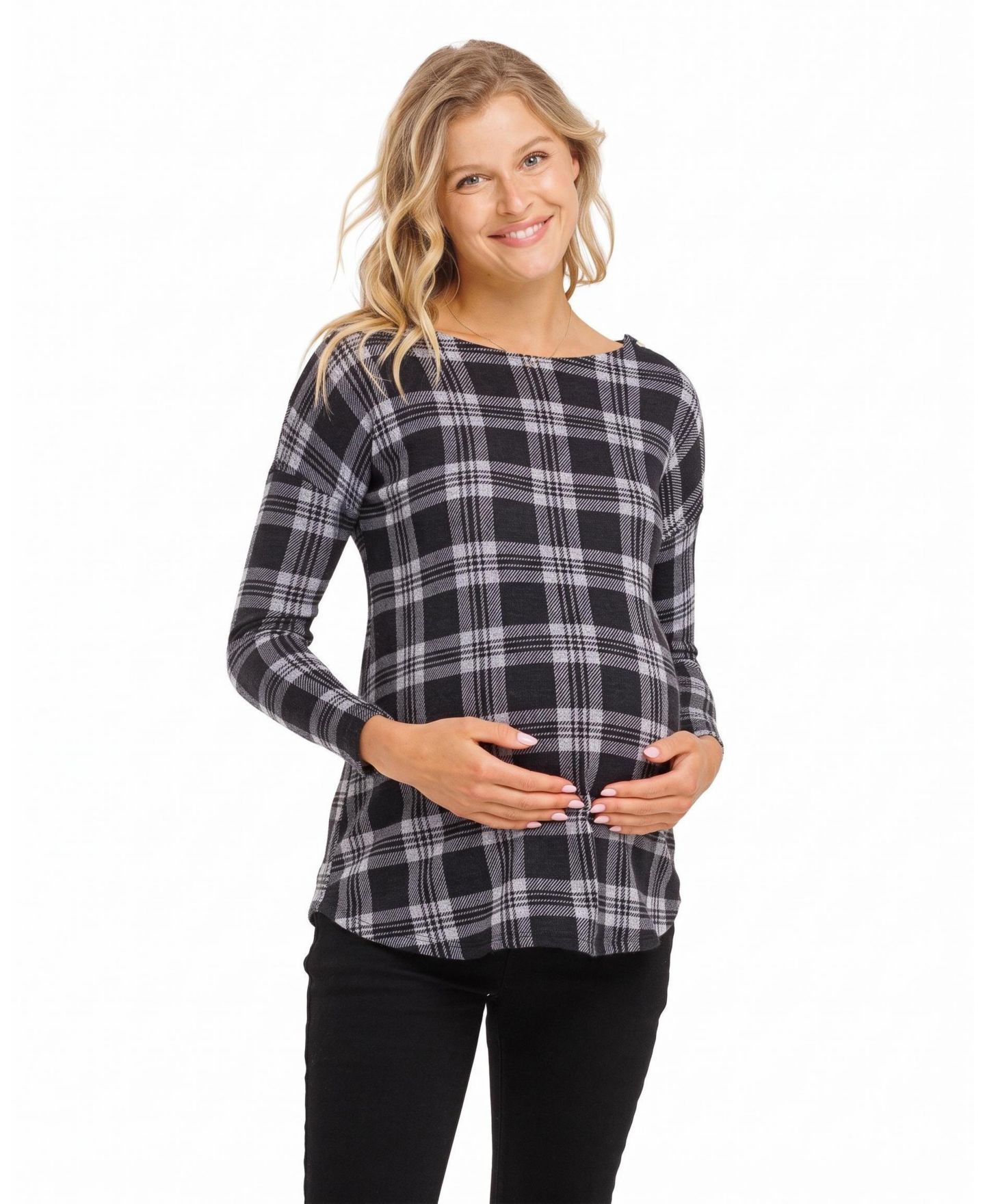 Женский топ Hello Miz Maternity Plaid Boat-Neck Long-Sleeve, цвет: Чёрный — фото 1