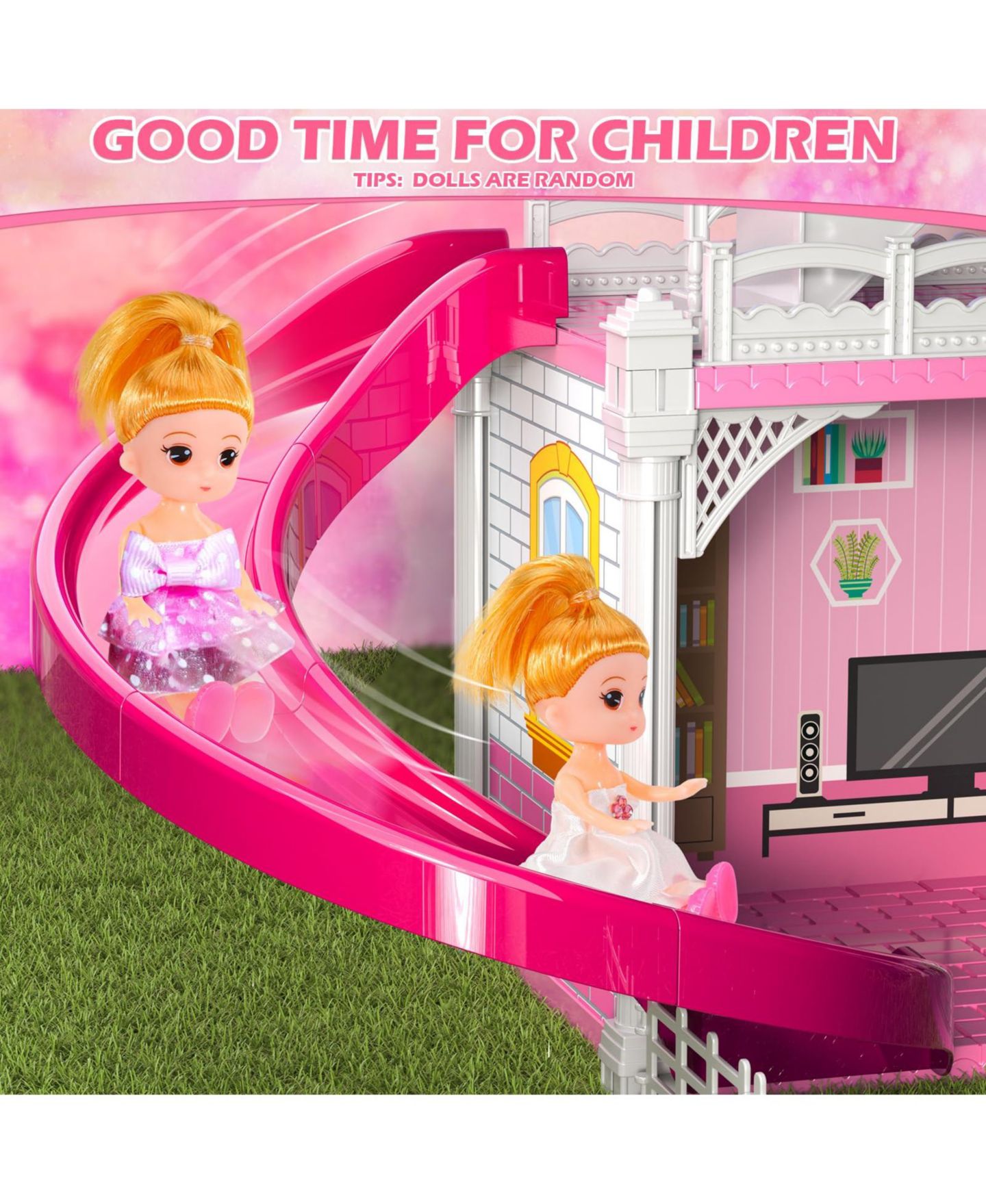 Детские аксессуары для кукол GNUADZ Princess 4-Story DIY Dollhouse with Slide, Includes 2 Dolls and 30+ Furniture Pieces, Ages 3+, цвет: Розовый — фото 5
