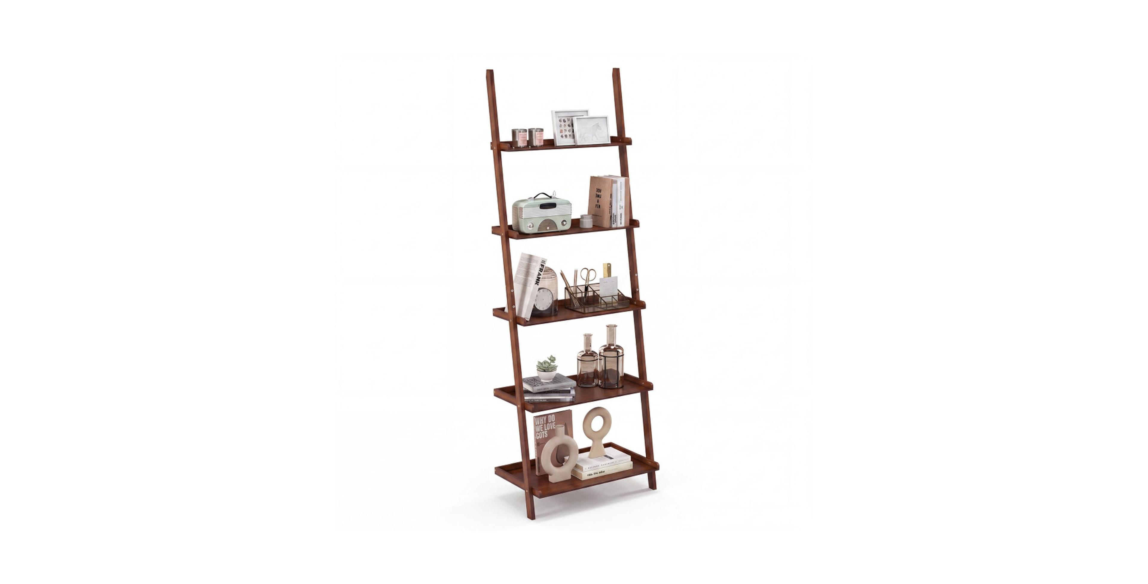Gouun 5-Tier Bamboo Ladder Bookshelf for Wall-Leaning Display