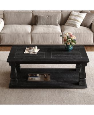 Weathered Farmhouse Coffee Table, Plank Top Coffee Table with Storage Shelf for Living Room